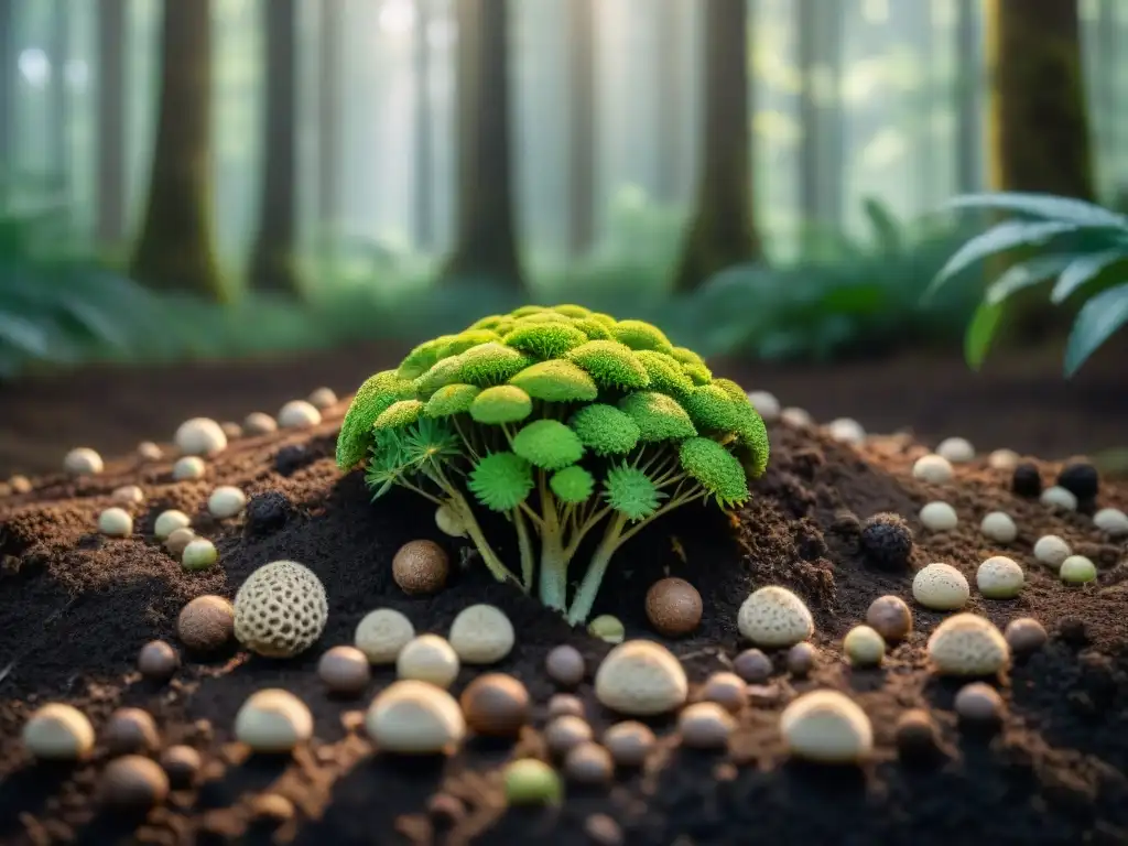 Un mágico bosque en verano con trufas de verano y otoño asomando entre la tierra, bajo un cielo dappled con luz brillante