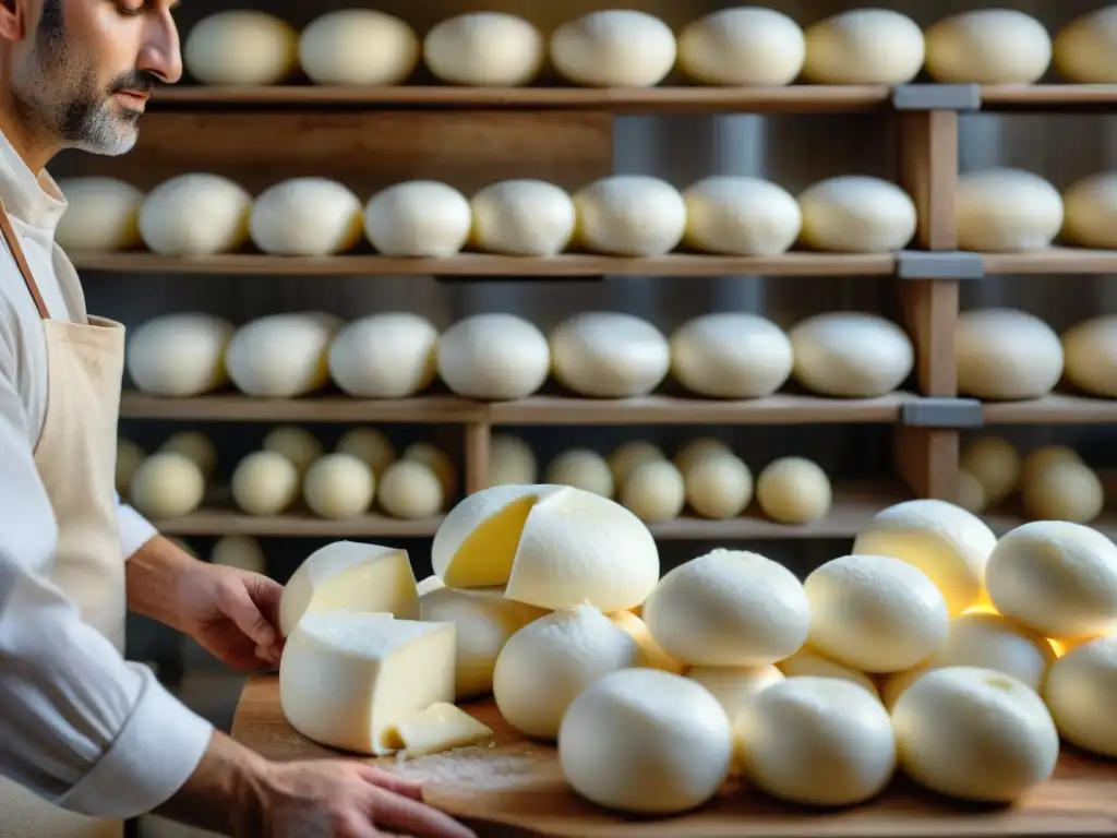 Magistral elaboración artesanal de mozzarella di bufala en taller italiano