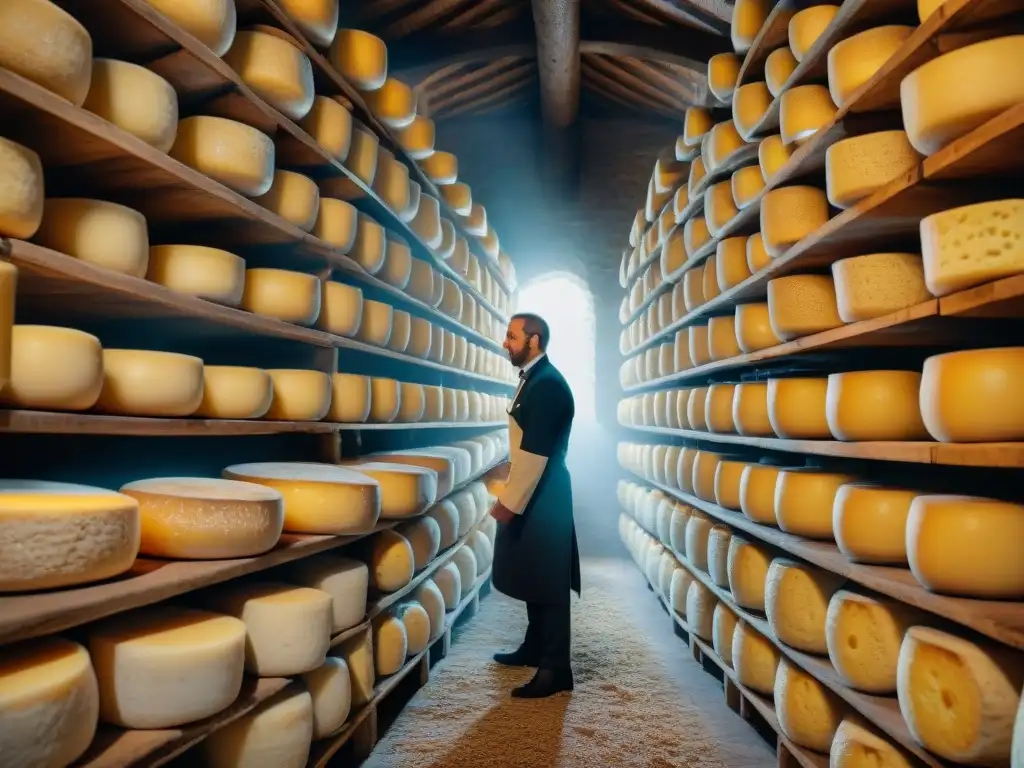 Majestuosa bodega de quesos italiana, resaltando la importancia de la fermentación en la producción de quesos italianos