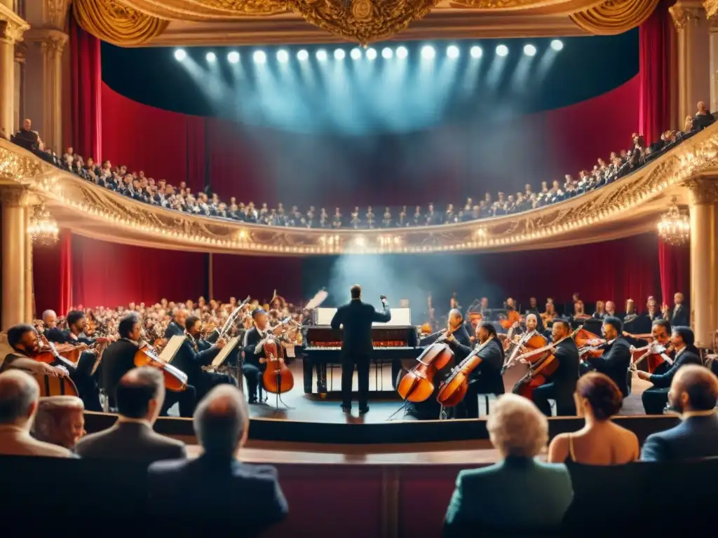 Un majestuoso espectáculo de ópera en un teatro italiano, con orquesta, directora, soprano y una atmósfera cautivadora