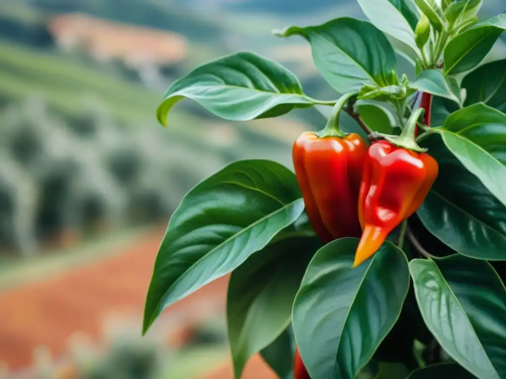 Un majestuoso peperoncino rojo en flor, resplandeciendo bajo el sol italiano