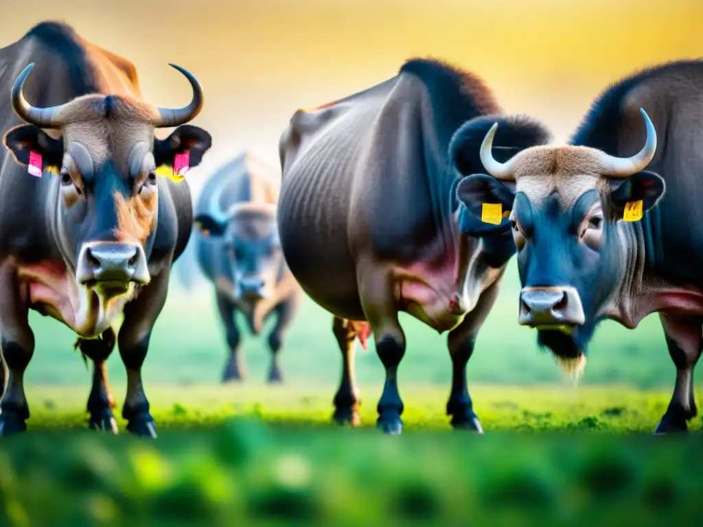 Manada de búfalos pastando en un campo verde bajo el sol italiano, reflejando las características auténticas de la Mozzarella di Bufala