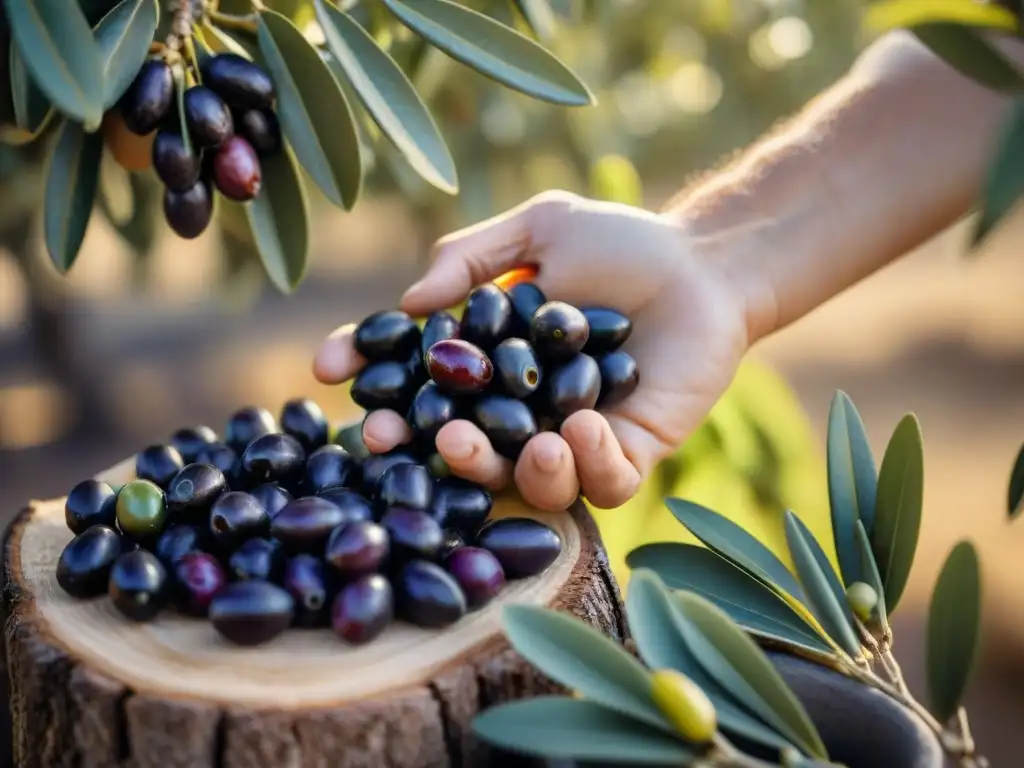 Mano recolectando aceitunas maduras de un frondoso olivo, con hojas verdes vibrantes y frutos morados