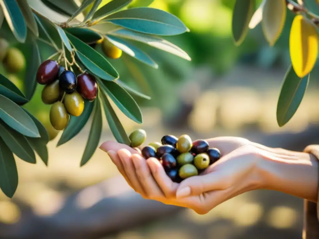 Mano recolectando aceitunas maduras en un olivar soleado, evocando la autenticidad y belleza natural