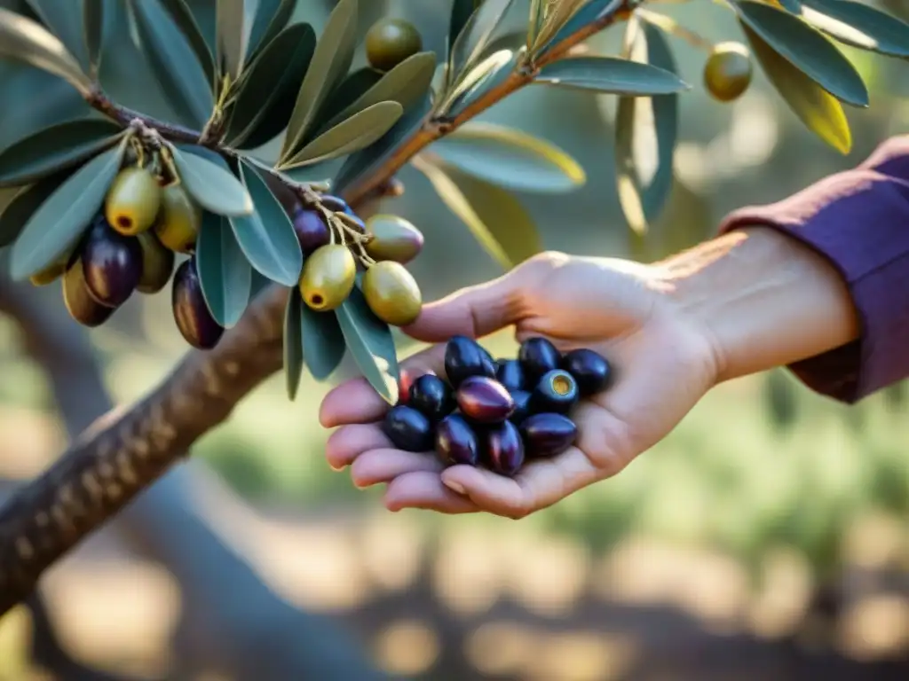 Mano recolectando aceitunas de un olivo en un olivar mediterráneo, reflejando la esencia de los aceites de oliva premium