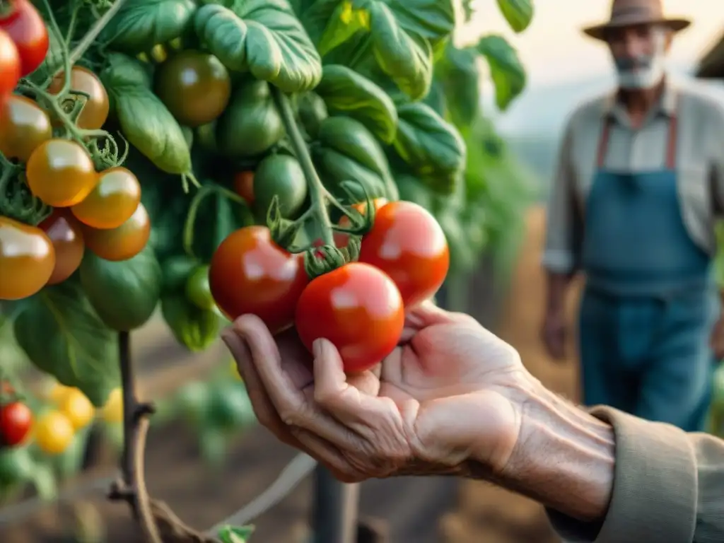 Mano arrugada de anciano recolecta tomates rojos en granja italiana, en armonía con la tradición culinaria italiana ingredientes