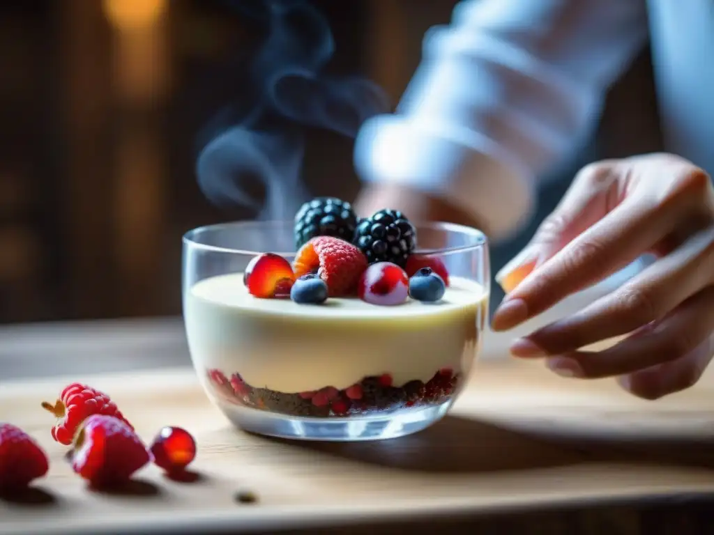 Mano esparciendo bayas rojas sobre pannacotta casero receta tradicional en copa de vidrio, en mesa rústica