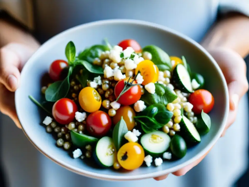 Mano sostiene un bol con ensalada de cebada perlada colorida y saludable, ideal para artículo sobre Beneficios de la cebada perlada