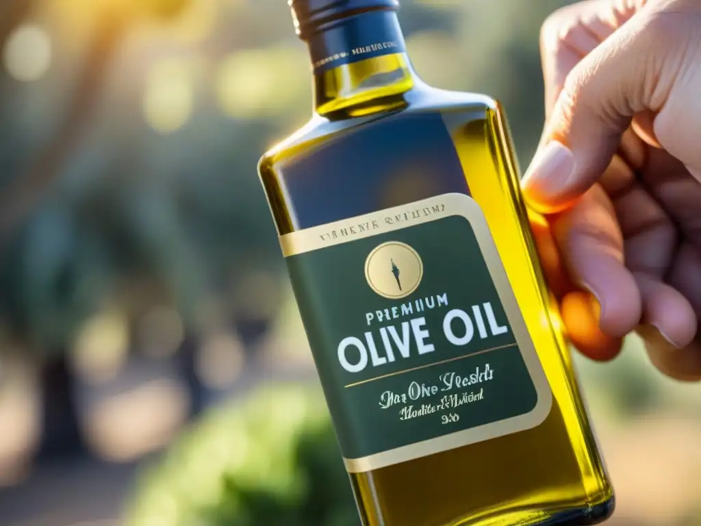 Exquisito aceite de oliva premium: luz dorada, calidad superior Mano sostiene botella de aceite de oliva virgen extra premium con etiqueta elegante