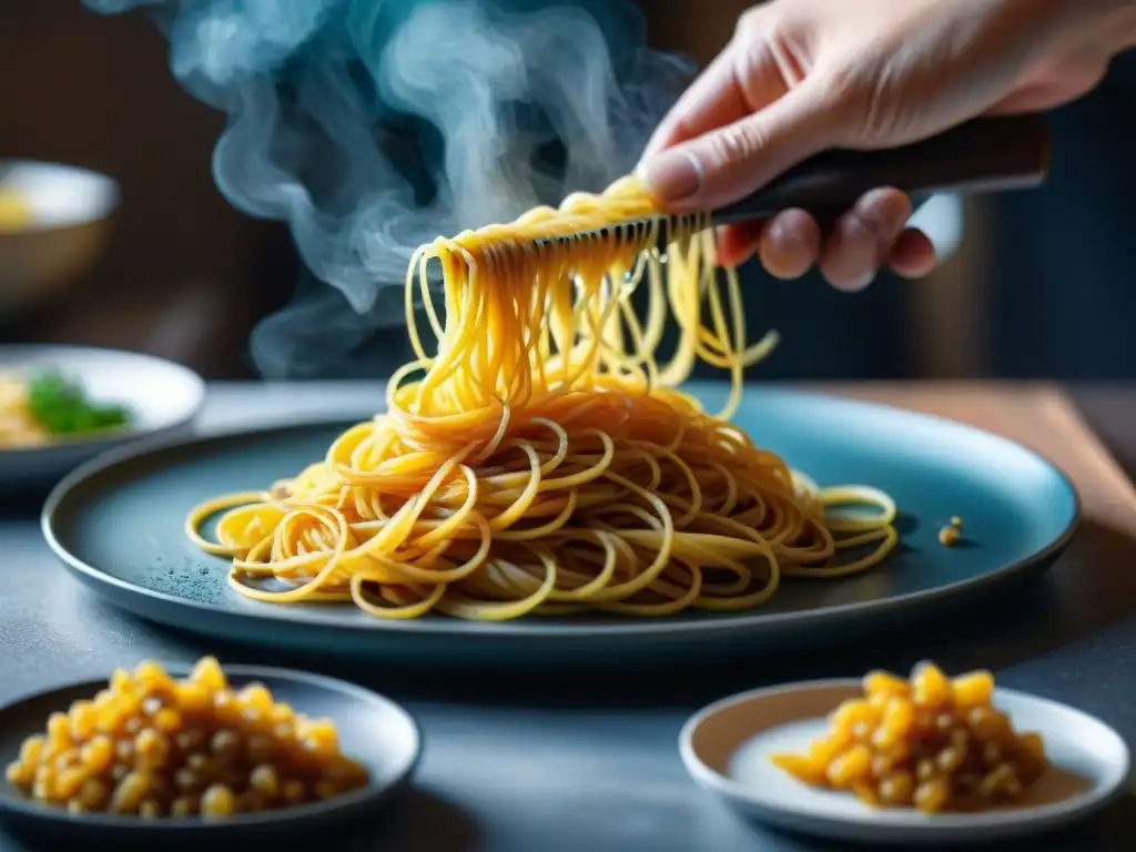 Mano rallando bottarga dorada sobre pasta recién cocida, realzando la receta italiana