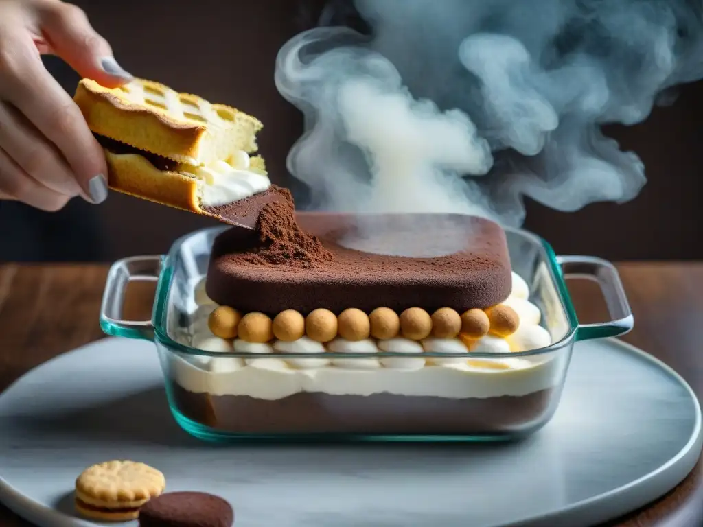 Mano espolvoreando cacao sobre mascarpone en vaso, rodeado de bizcochos y café