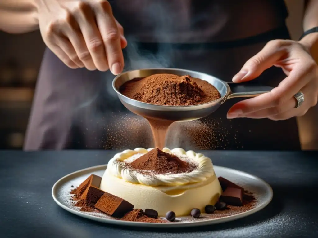 Mano espolvoreando cacao sobre tiramisú perfecto técnicas tradicionales en cocina rústica