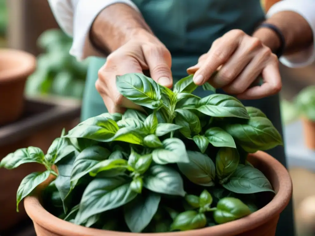 Mano de chef recogiendo hojas frescas de albahaca en jardín italiano, transmitiendo frescura y tradición culinaria