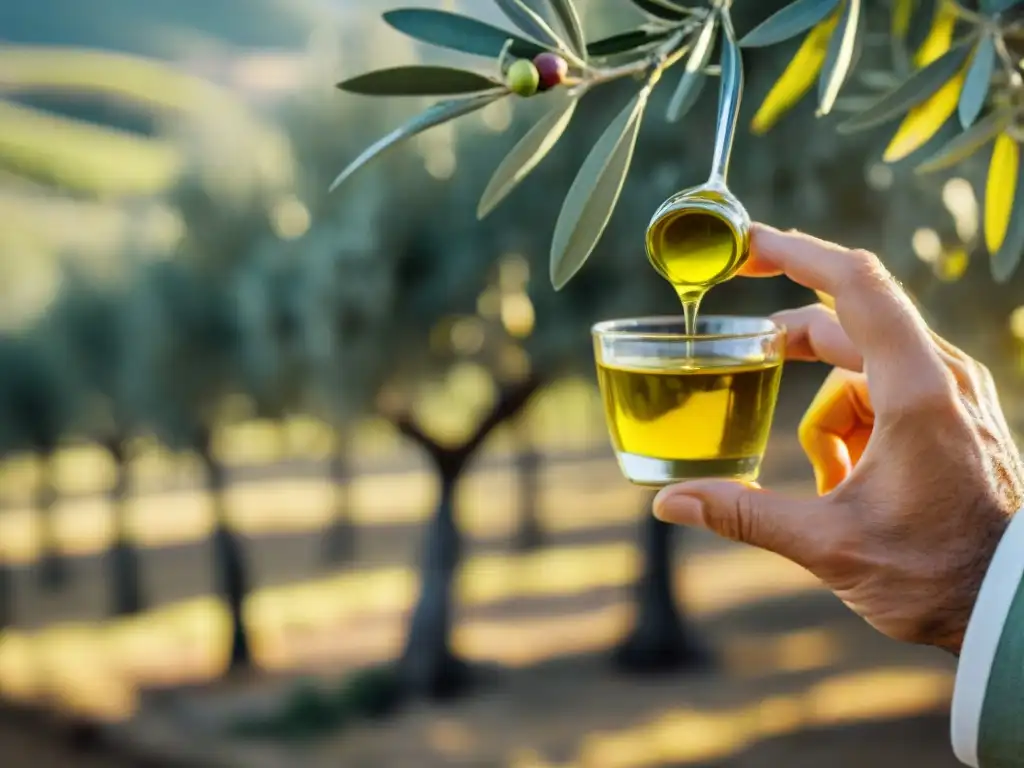 Mano sostiene copa de aceite de oliva premium degustación en olivar mediterráneo