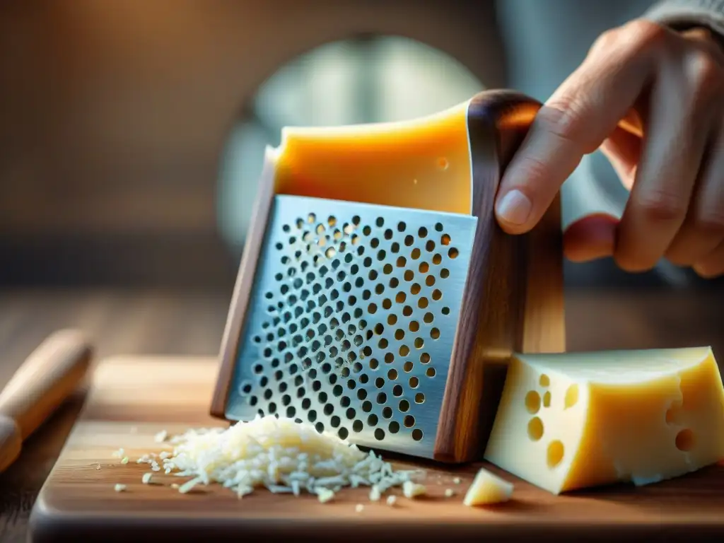 La mano sostiene con elegancia el mejor rallador queso italiano, frente a un bloque de Parmesano añejo