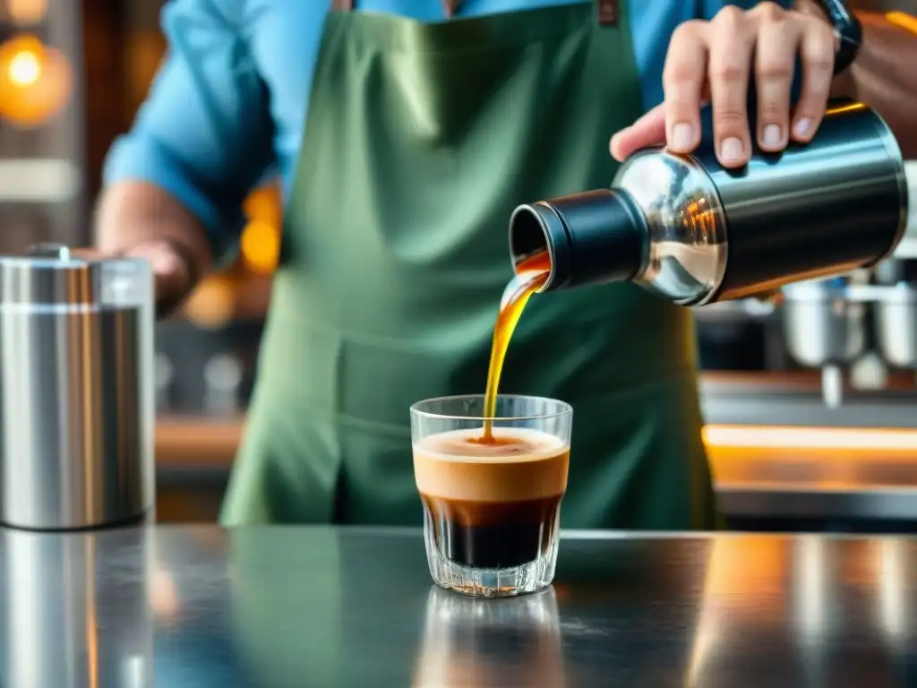 Mano vertiendo espresso en coctelera con hielo, evocando cultura italiana y Cómo preparar Caffè Shakerato