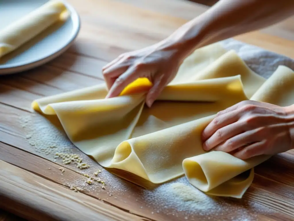 Una mano experta extiende finas láminas de masa fresca en una mesa rústica, mostrando el arte de hacer pasta casera en una cocina italiana