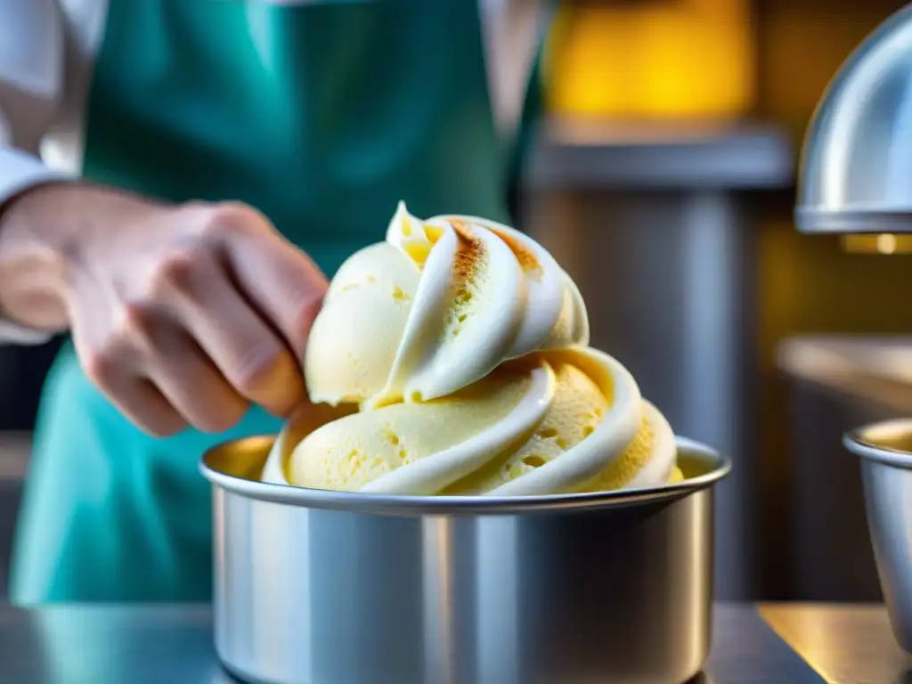 Mano experta sirviendo gelato cremoso en un recipiente metálico, destacando la textura y colores del helado