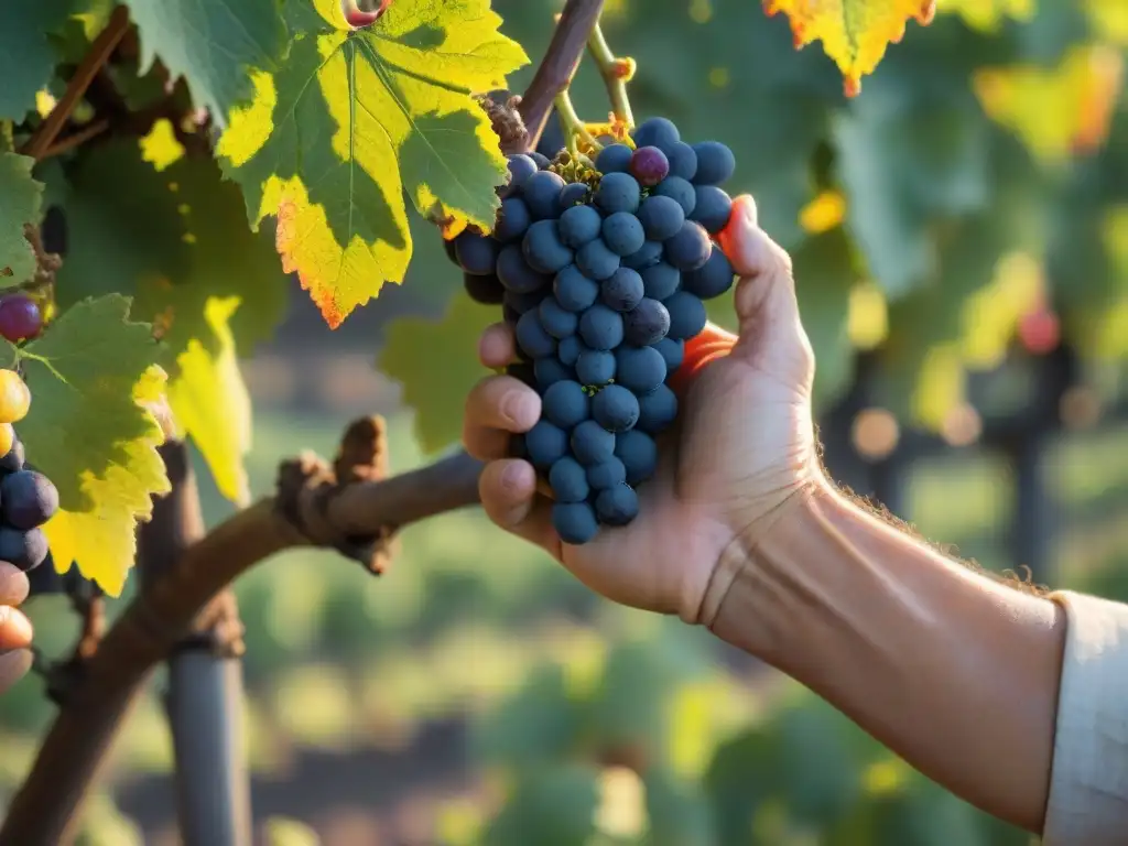 Mano experta cosechando uvas Sangiovese bajo el sol de la Toscana Mano experta cosechando uvas Sangiovese entre viñedos toscanos