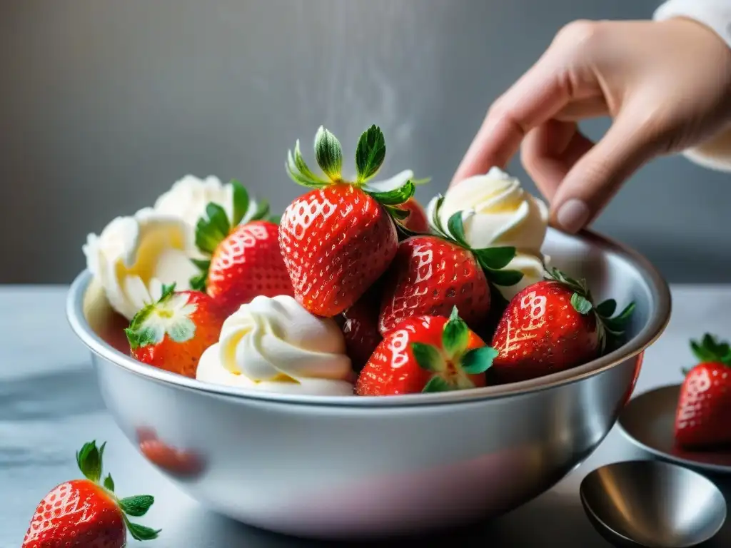 Mano vertiendo fresas frescas en bol de gelato, reflejando calidad y cuidado en los mejores ingredientes para Gelato artesanal