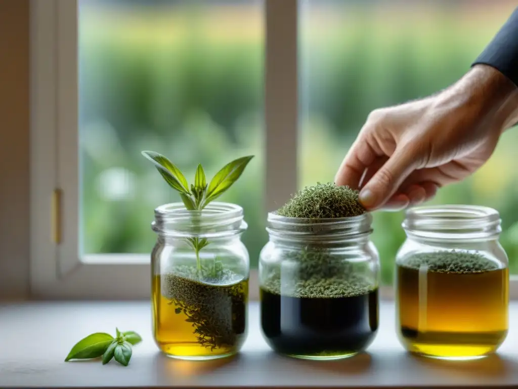 Mano colocando hierbas italianas en tarros de aceite de oliva, evocando frescura y conservación