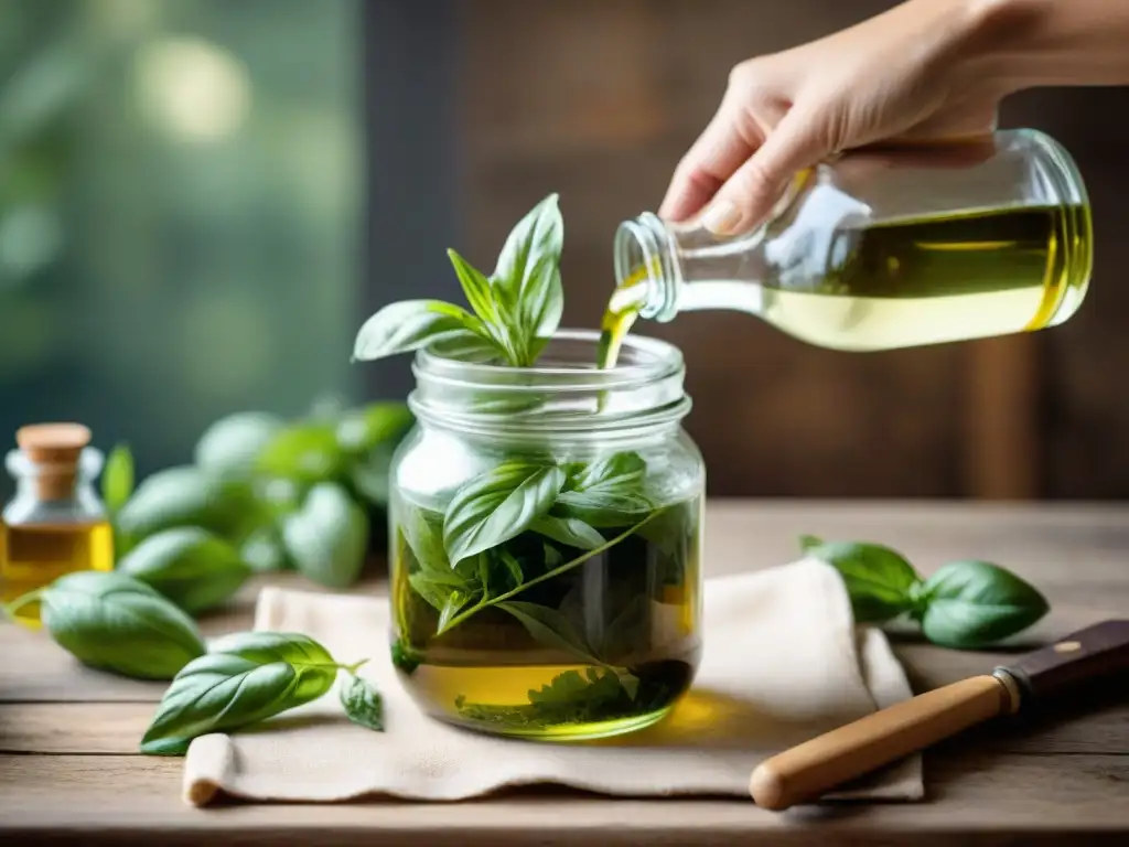 Mano coloca hojas de albahaca en frasco con aceite, conservación hierbas frescas cocina italiana