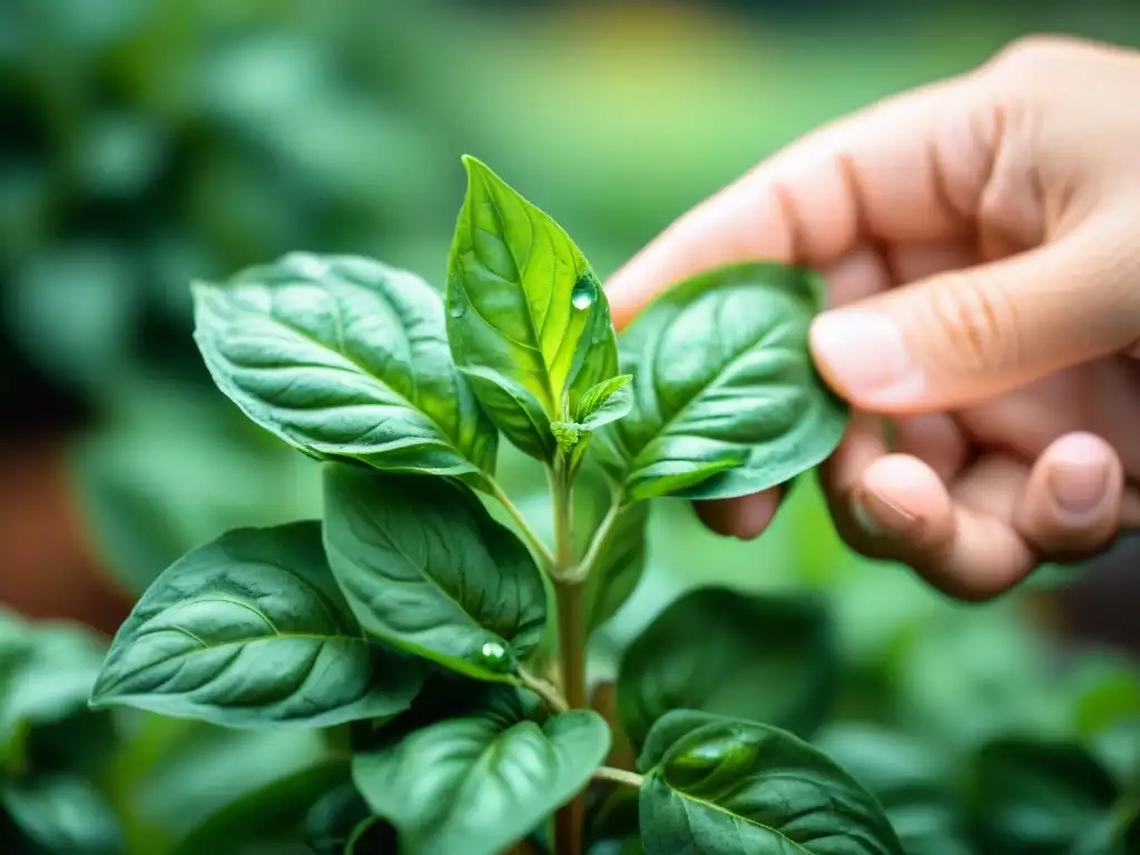 Mano cosechando hojas de albahaca fresca en un jardín, con gotas de agua brillando al sol