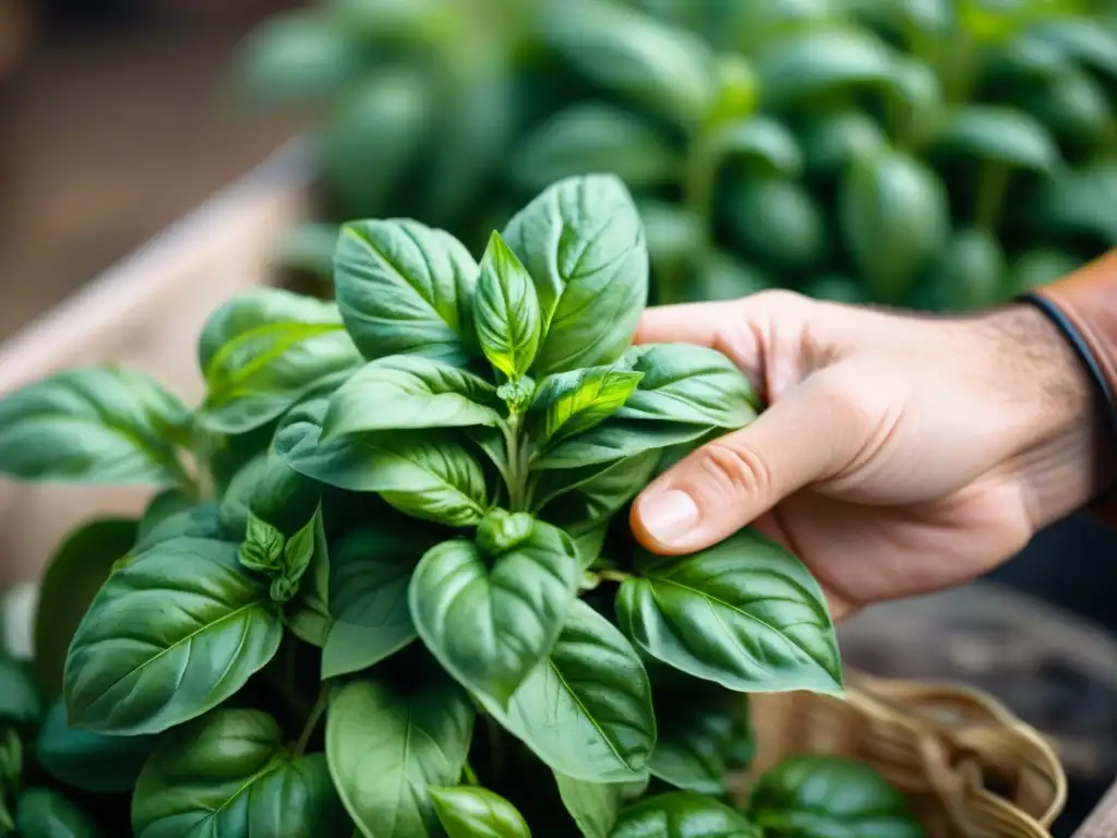 Mano recogiendo hojas de albahaca fresca en jardín italiano