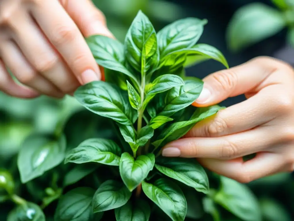 Mano recogiendo hojas de albahaca fresca en jardín, conservación hierbas frescas cocina italiana