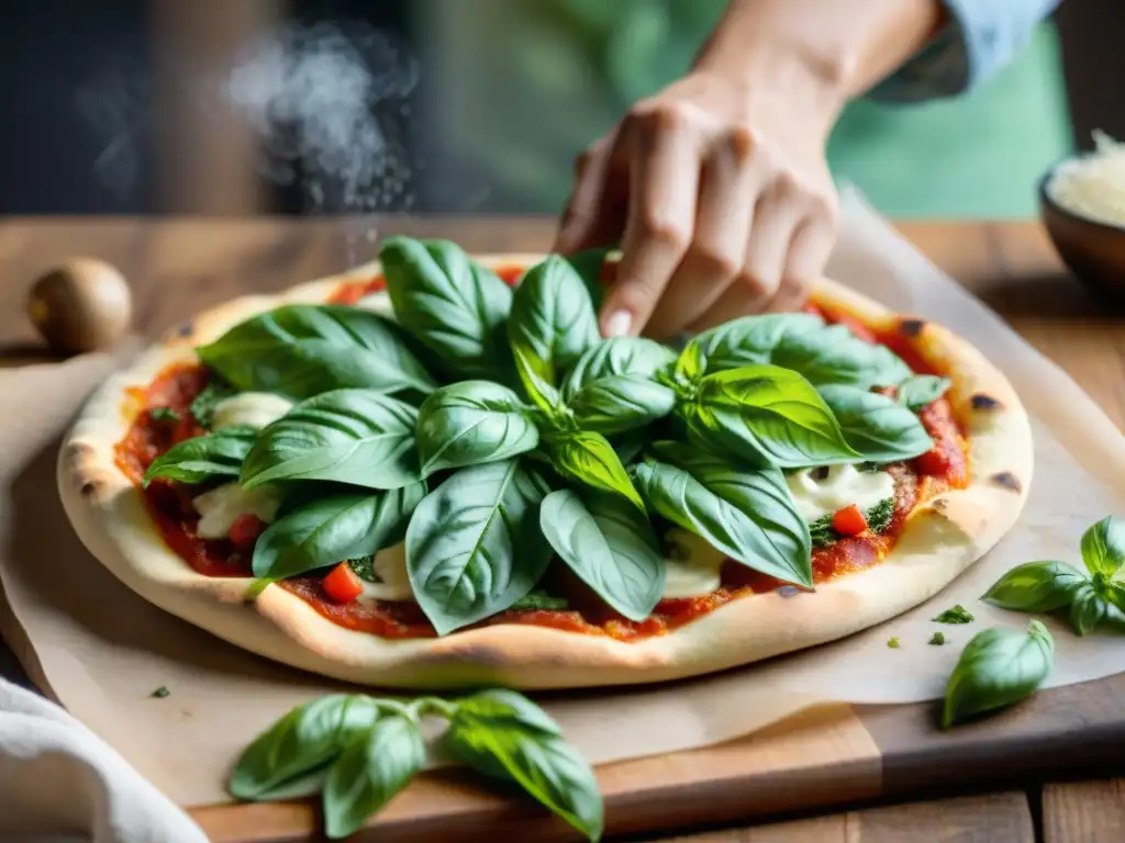 Mano esparciendo hojas de albahaca orgánica en masa de pizza casera