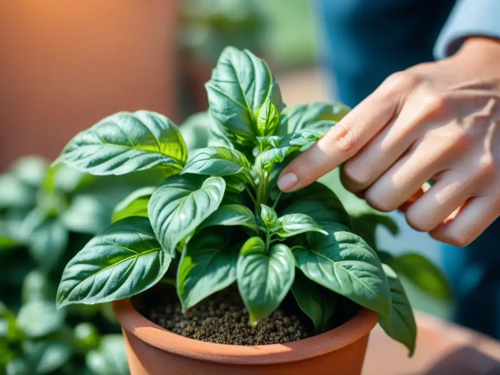 Mano recogiendo hojas frescas de albahaca en jardín soleado