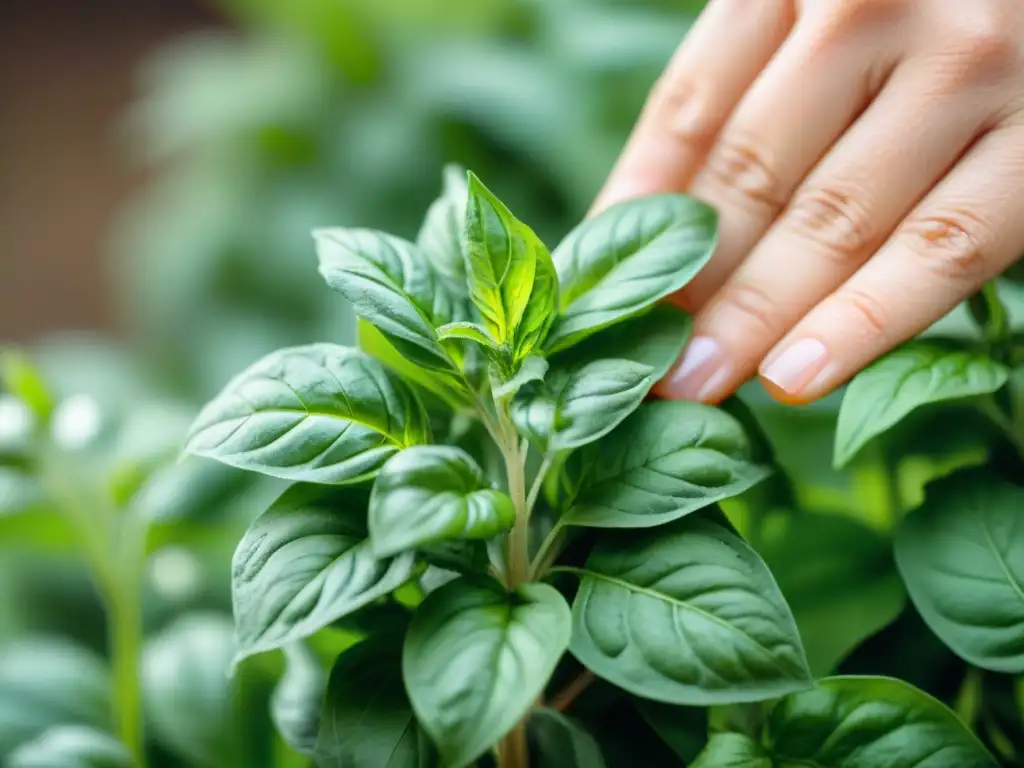 Mano recogiendo hojas frescas de albahaca en un jardín, mostrando la textura y frescura