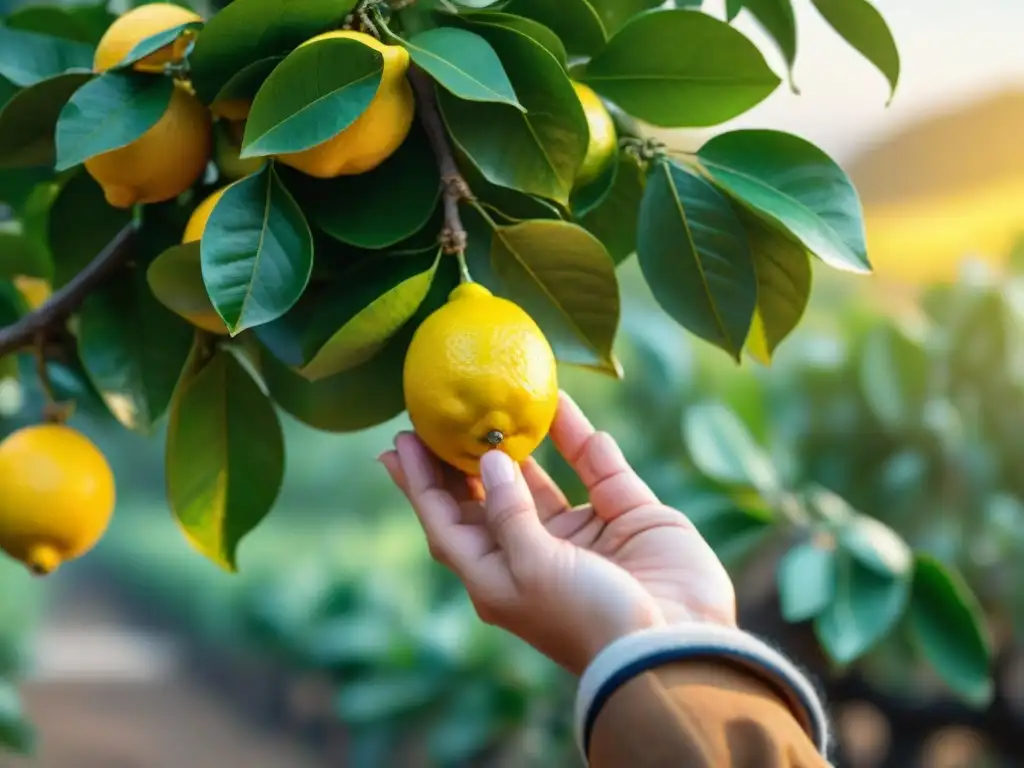 Mano recolectando limones maduros en un limonero soleado de Sorrento, Italia