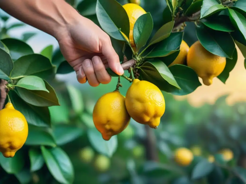 Mano recogiendo limones maduros en un soleado limonar de Sorrento, Italia