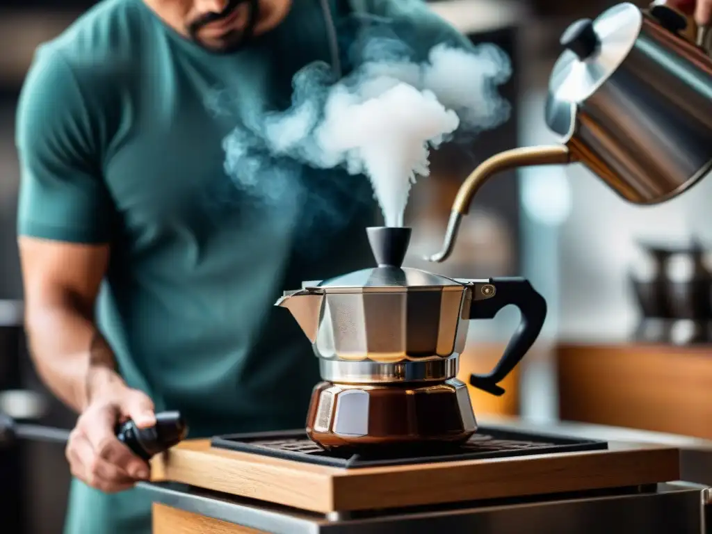 Mano limpia con cuidado una cafetera italiana moka, resaltando su diseño y la importancia del mantenimiento