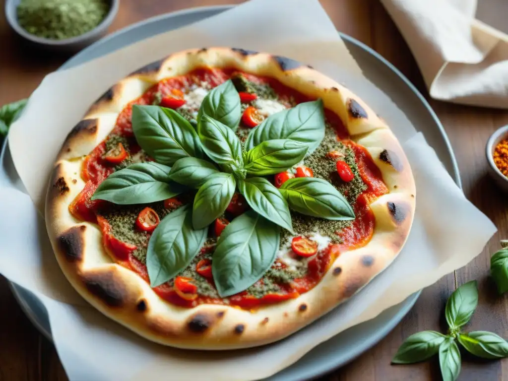 Mano espolvoreando las mejores hierbas y especias pizza italiana sobre una exquisita pizza napolitana recién horneada