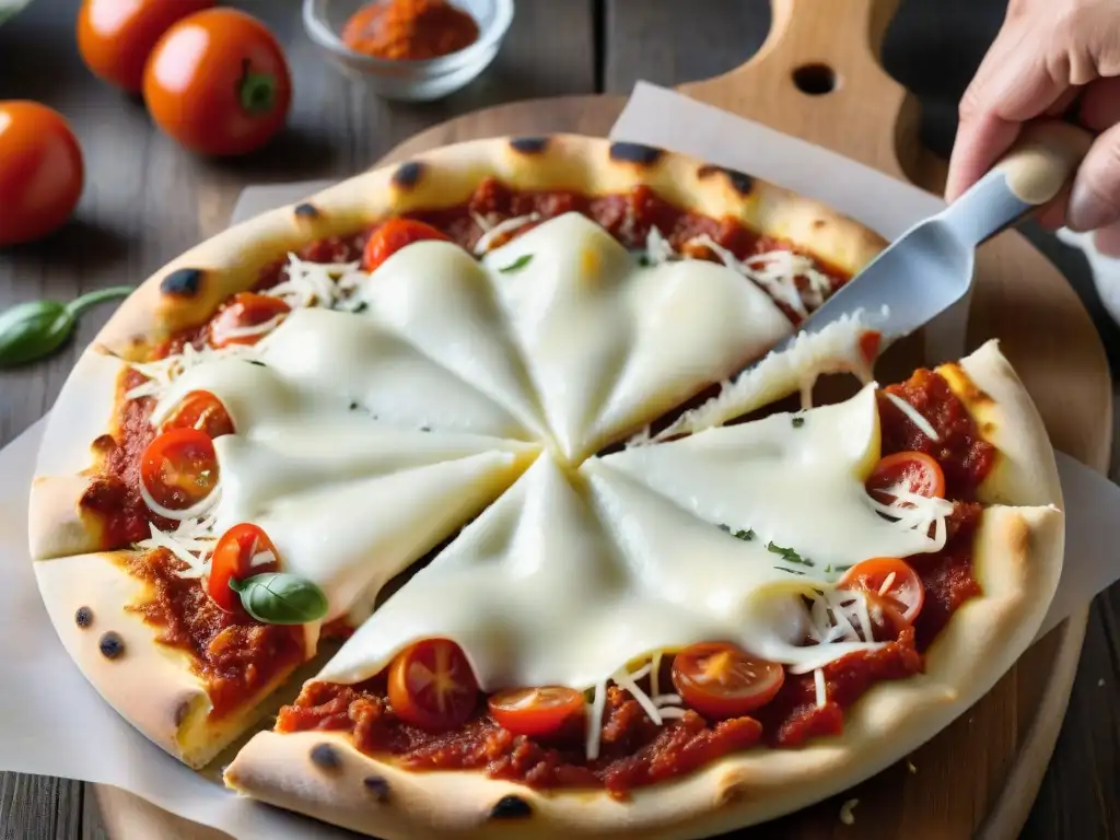 Mano espolvoreando mozzarella sobre salsa de tomate en pizza Margarita