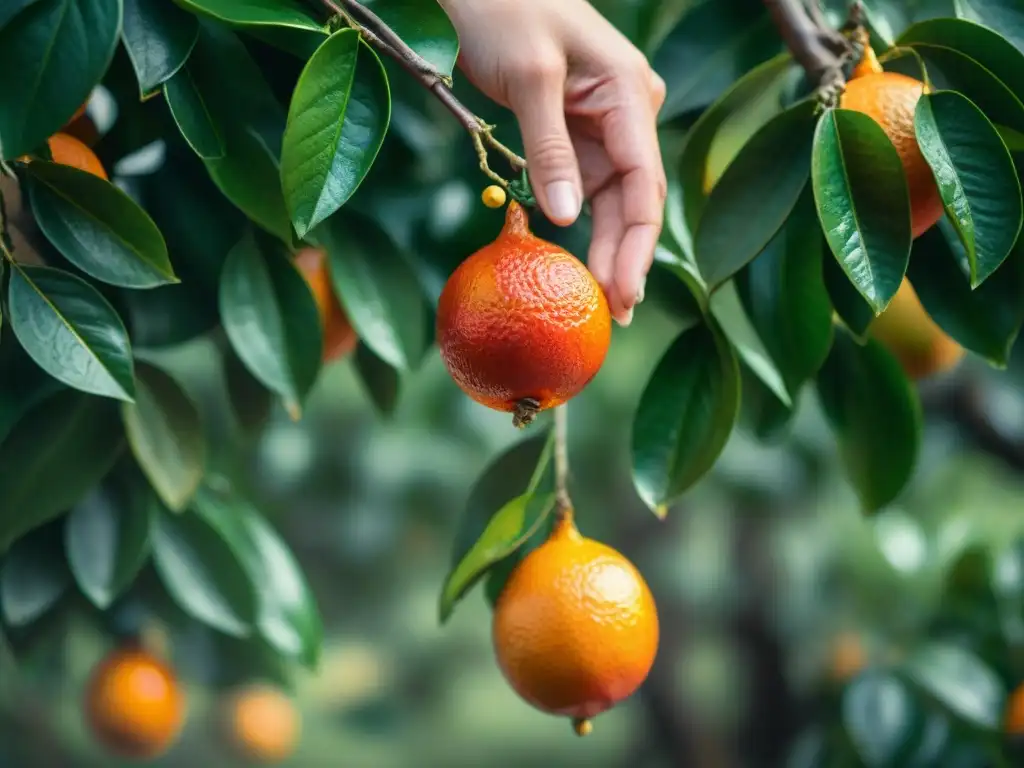 Mano recolectando naranjas sanguinas maduras en un huerto soleado de cítricos del Sur de Italia