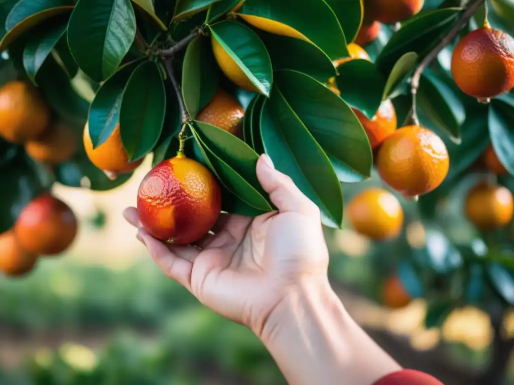 Mano recolectando naranjas sanguinas sicilianas en huerto italiano al atardecer