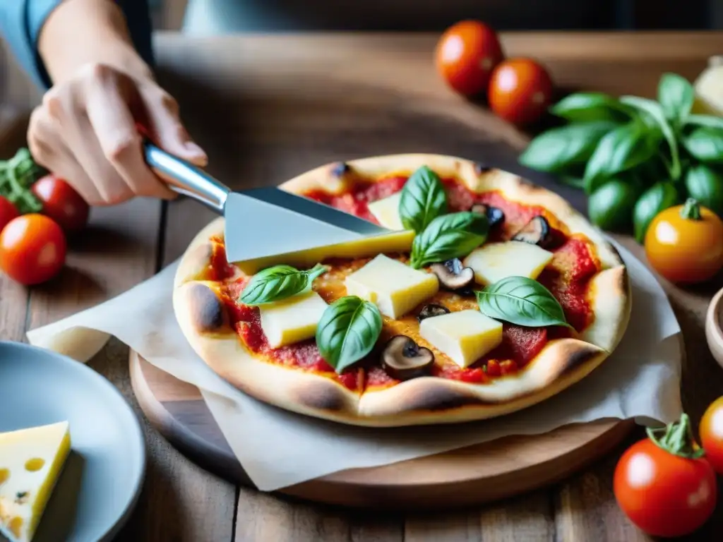 Mano cortando pizza casera con el mejor electrodoméstico para hacer pizza