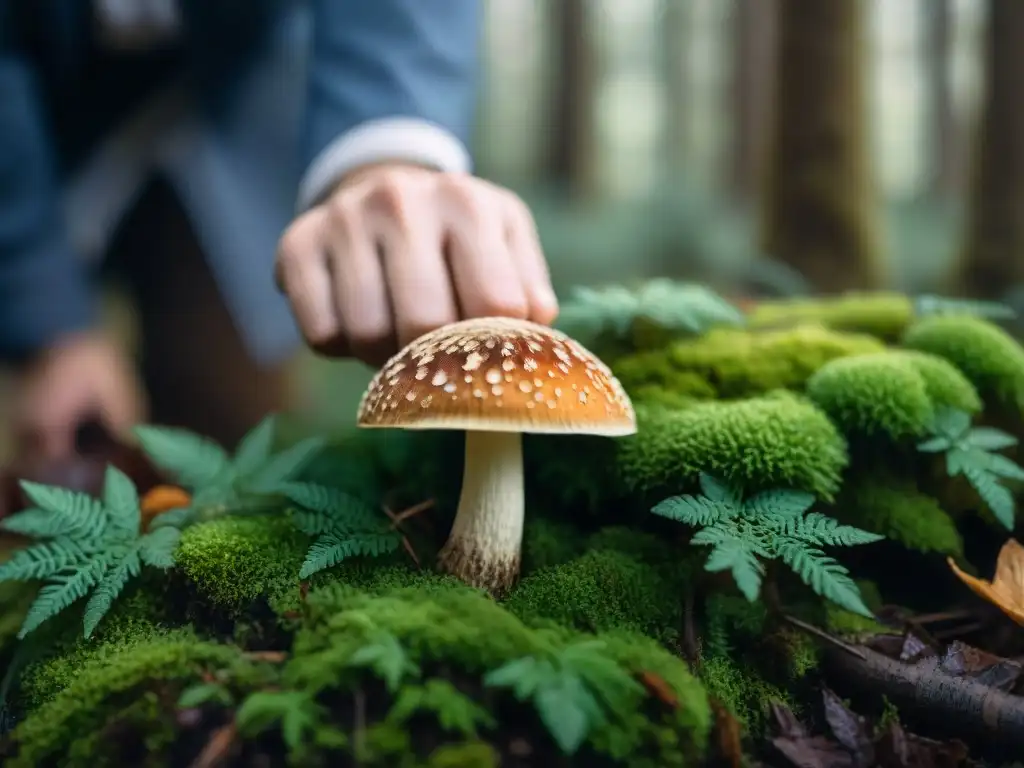 Mano recogiendo porcini italiano en bosque