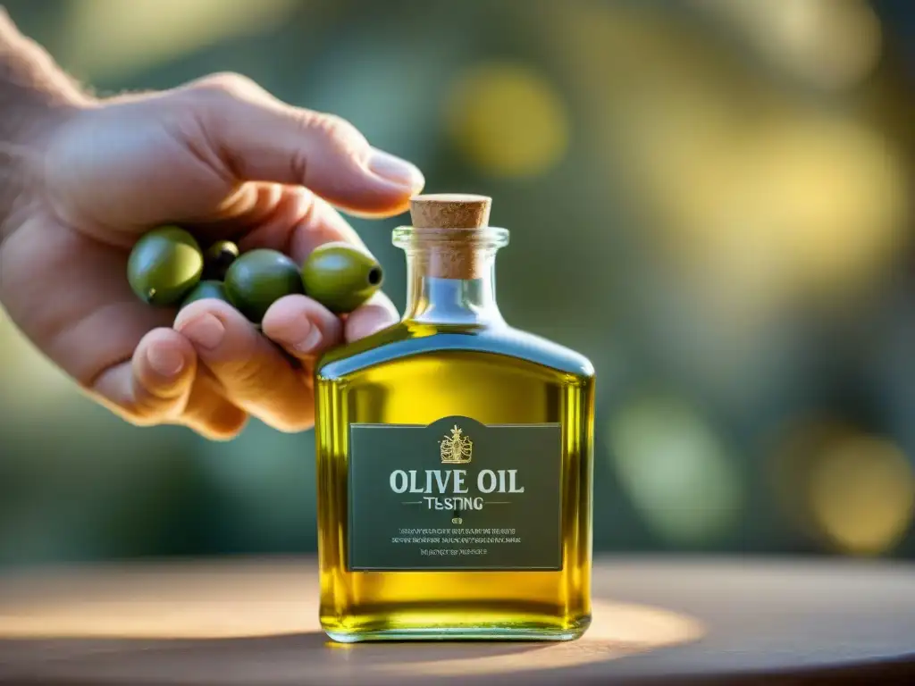 Mano sujeta copa de aceite de oliva premium experto, resaltando tono dorado y verde