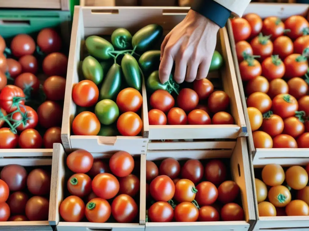 Mano seleccionando tomate San Marzano en mercado italiano, resaltando color rojo intenso y detalles de la escena