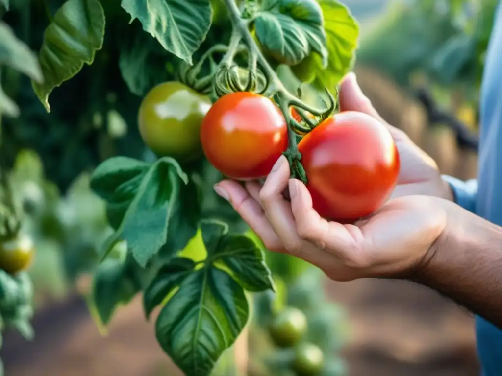 Mano recolectando tomates maduros en viñedo italiano bajo el sol mediterráneo, para receta auténtica pizza casera italiana