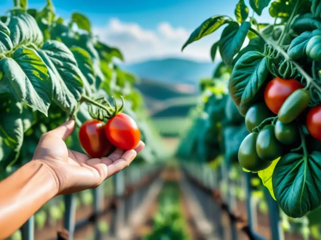 Mano recogiendo tomates San Marzano en viñedo italiano bajo el sol, resaltando su color y frescura