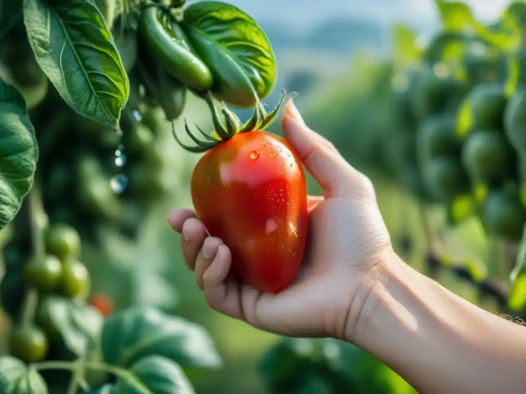 Mano seleccionando tomates San Marzano en viñedos italianos, ingredientes premium cocina italiana