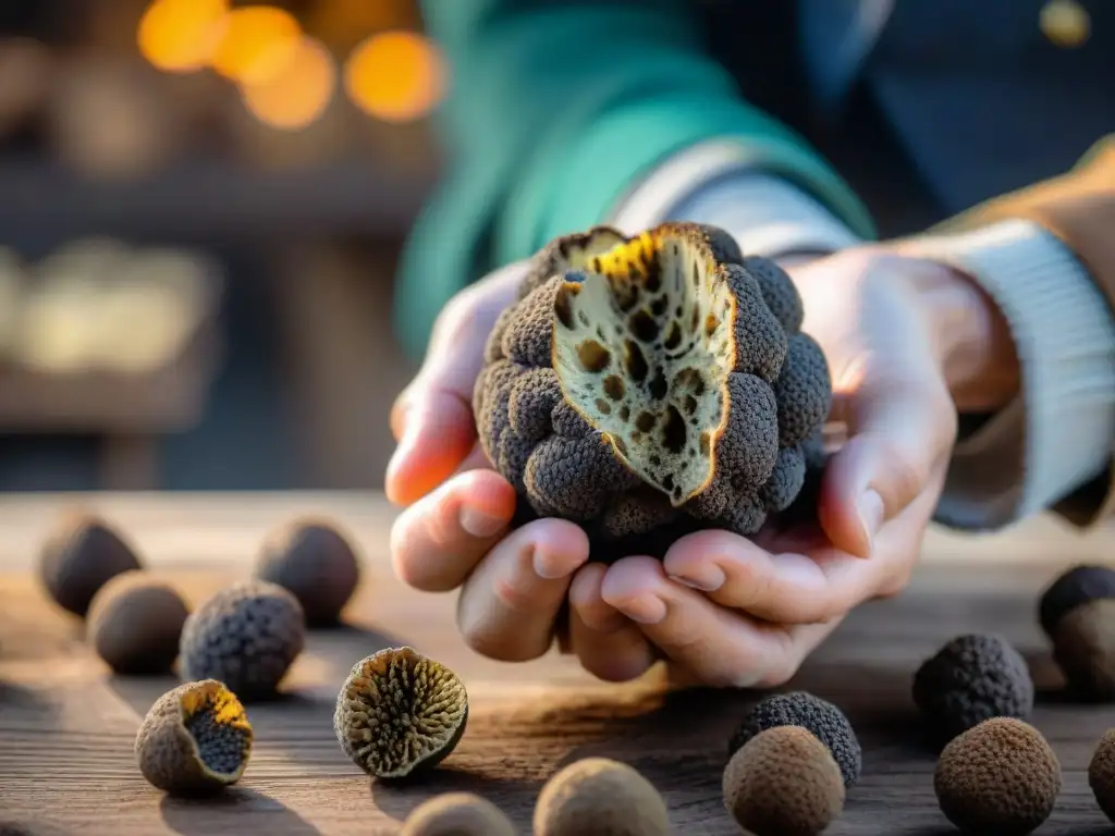 Mano sosteniendo trufa negra en mercado de San Miniato