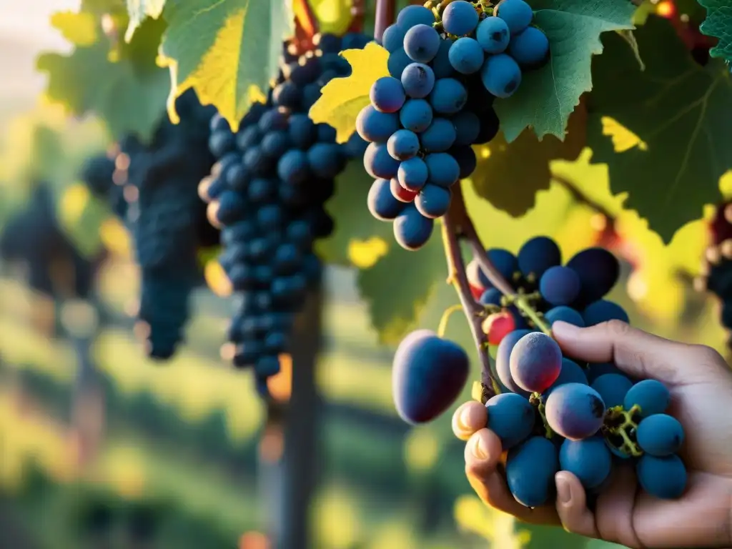 Mano recolectando uvas Sangiovese en viñedo soleado de la Toscana, Italia