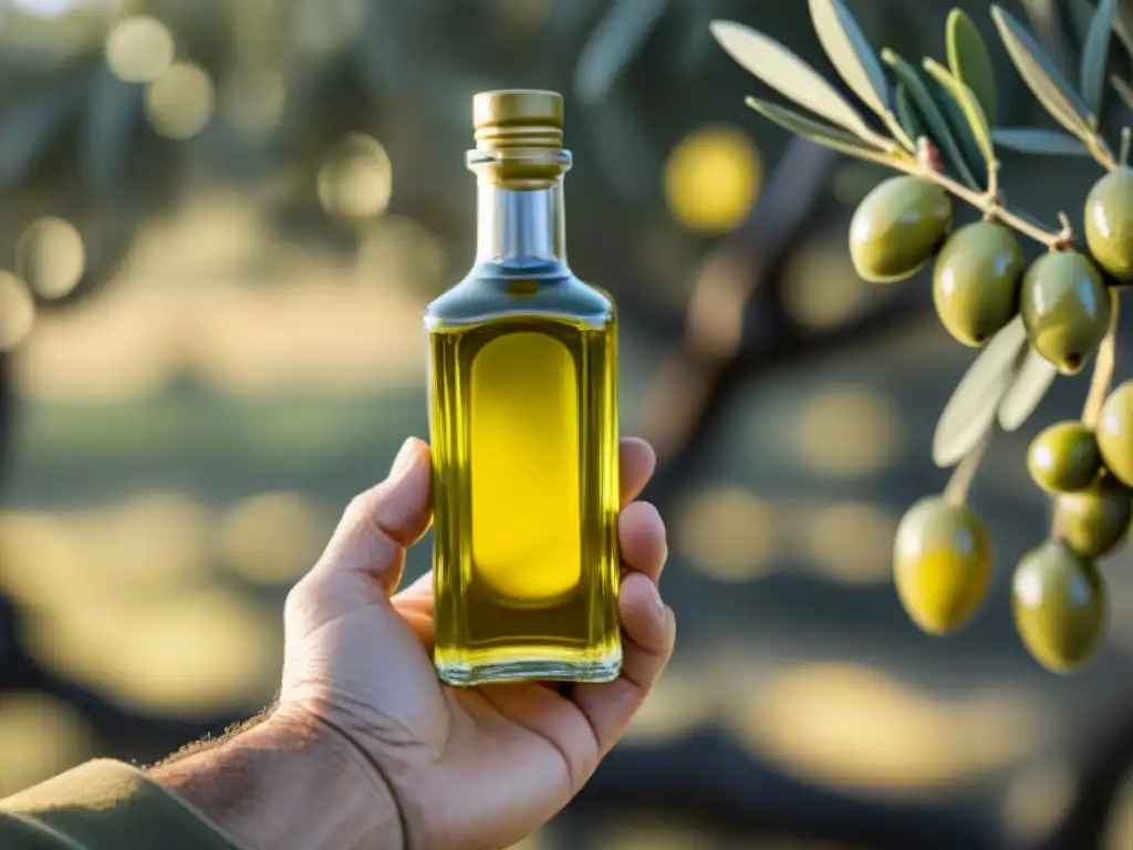 Mano sosteniendo vaso con aceite de oliva premium, color dorado y viscosidad, entre olivos bajo el sol mediterráneo