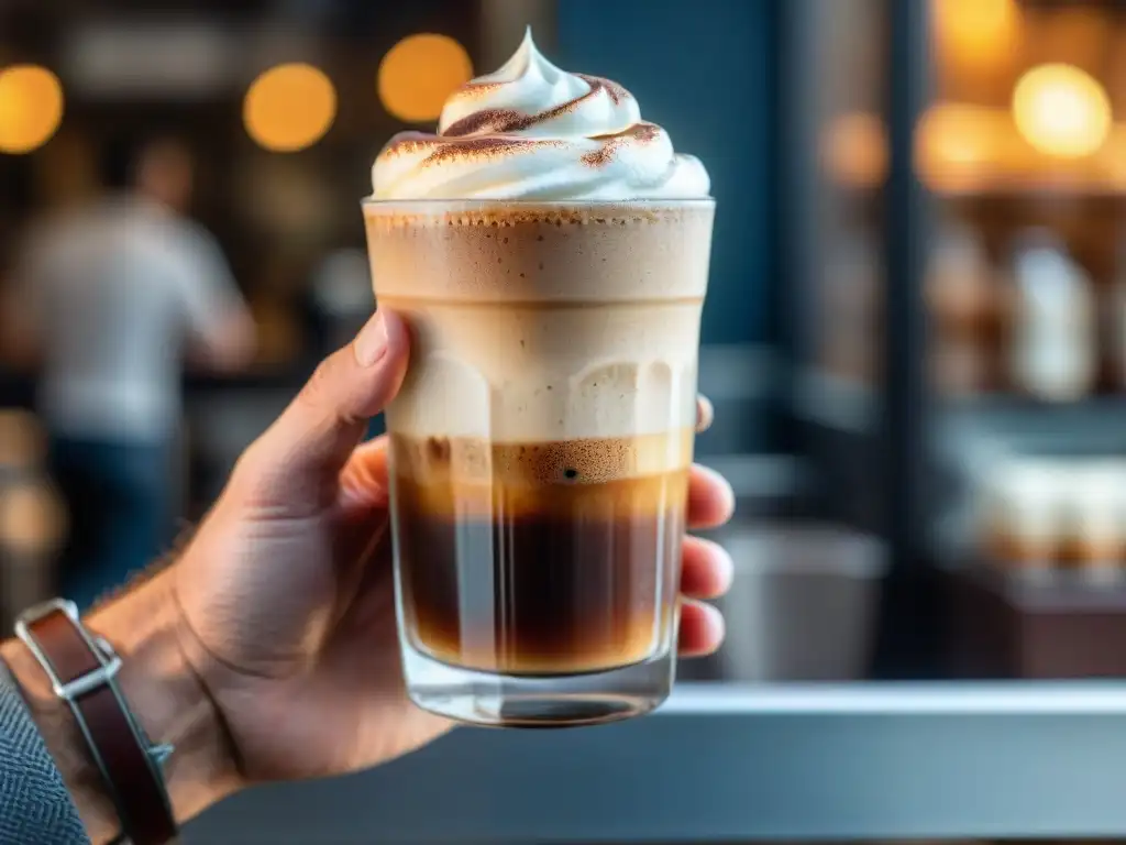 Mano sostiene vaso helado con Caffè Shakerato, mezcla de café y leche fría con hielo, resaltando su frescura